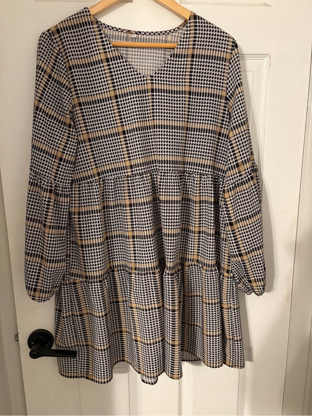 Plaid Tiered V-Neck Dress in Black, White & Tan